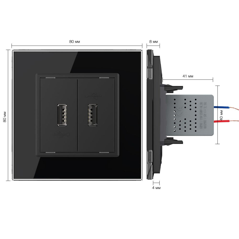 Zweifaches, schwarzes USB-Modul m. Glasblende