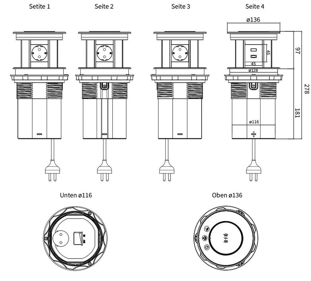 WLAN-Tischsteckdose Versenkbar Steckdosenleiste mit USB und Beleuchtug
