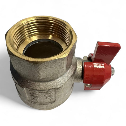 Kugelhahn aus vernickeltem Messing – 1 1/4" IG x 1 1/4" AG, roter Flügelgriff