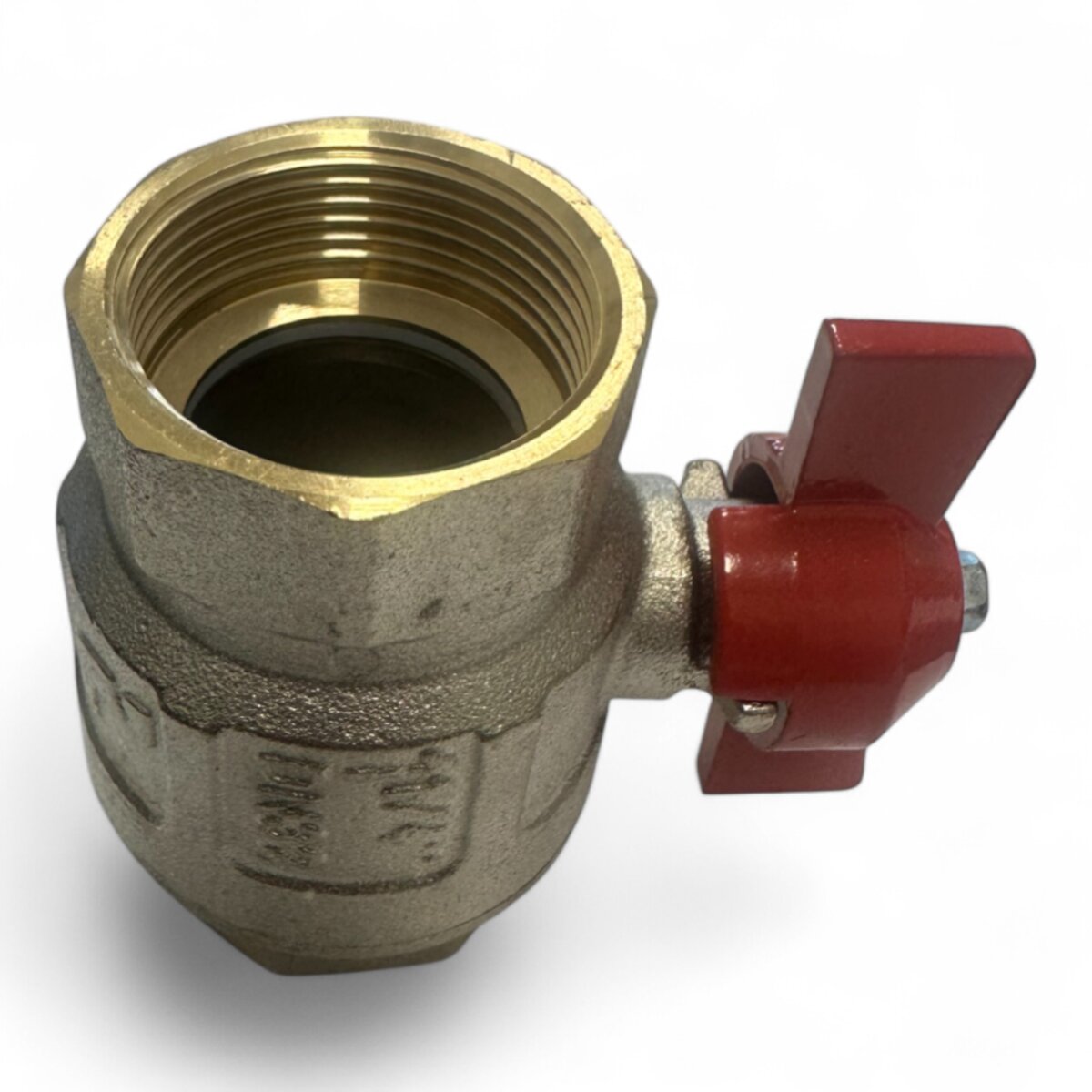 Kugelhahn aus vernickeltem Messing – 1 1/4" IG x 1 1/4" IG, roter Flügelgriff
