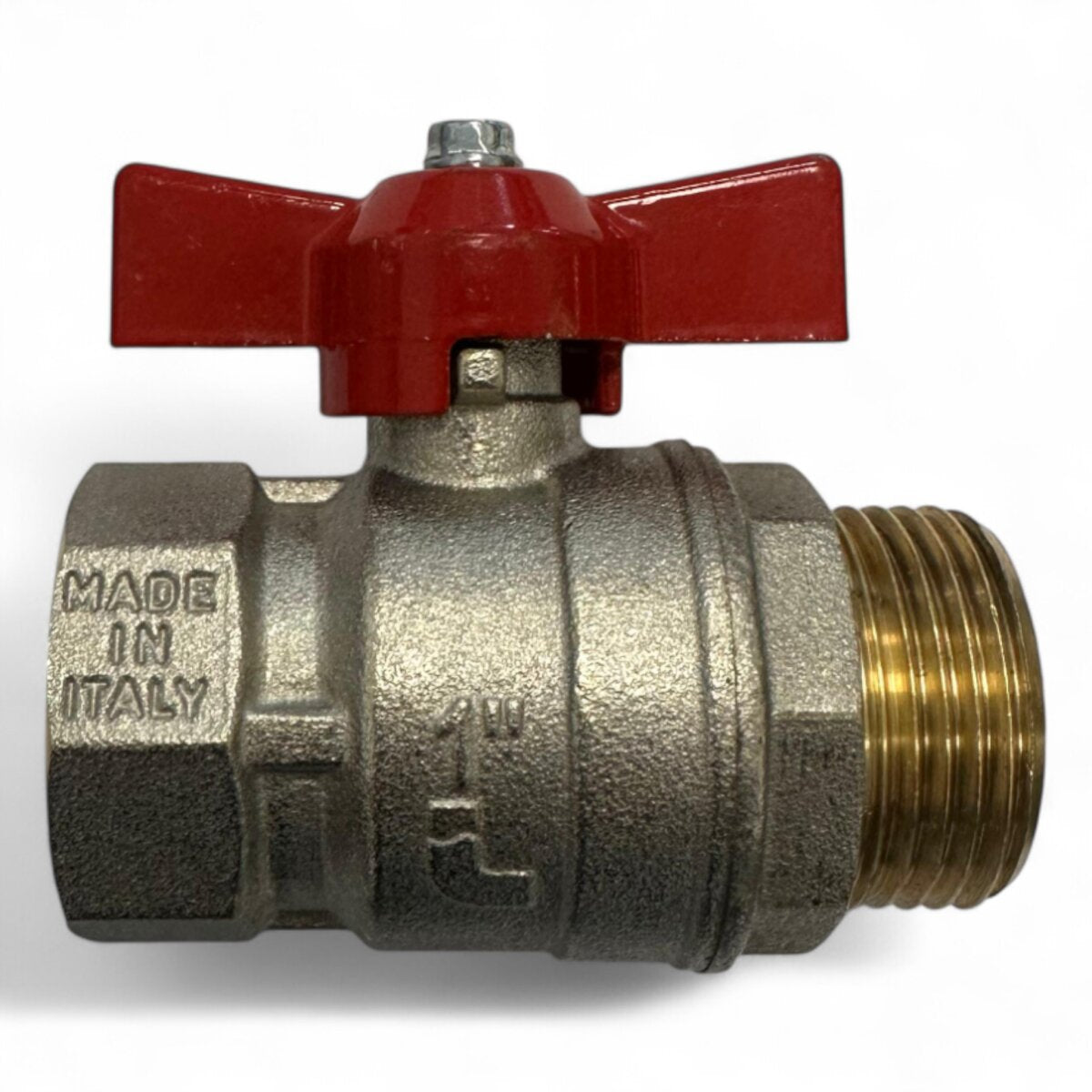 Kugelhahn aus vernickeltem Messing – 1" IG x 1" AG, roter Flügelgriff