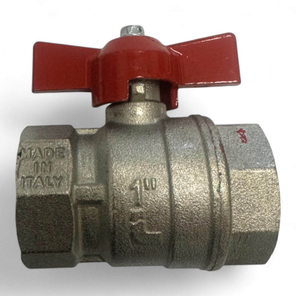 Kugelhahn aus vernickeltem Messing – 1" IG x 1" IG, roter Flügelgriff