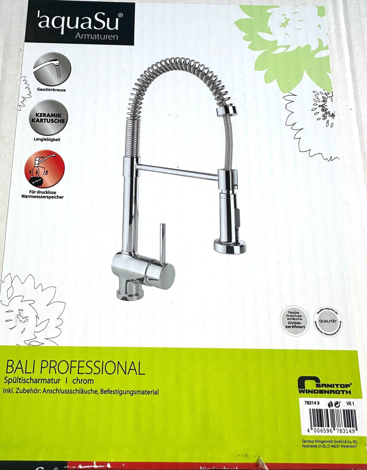 AquaSu „Bali Professional“ Spültisch-Einhebelmischer (Niederdruck, herausziehbar, chrom)