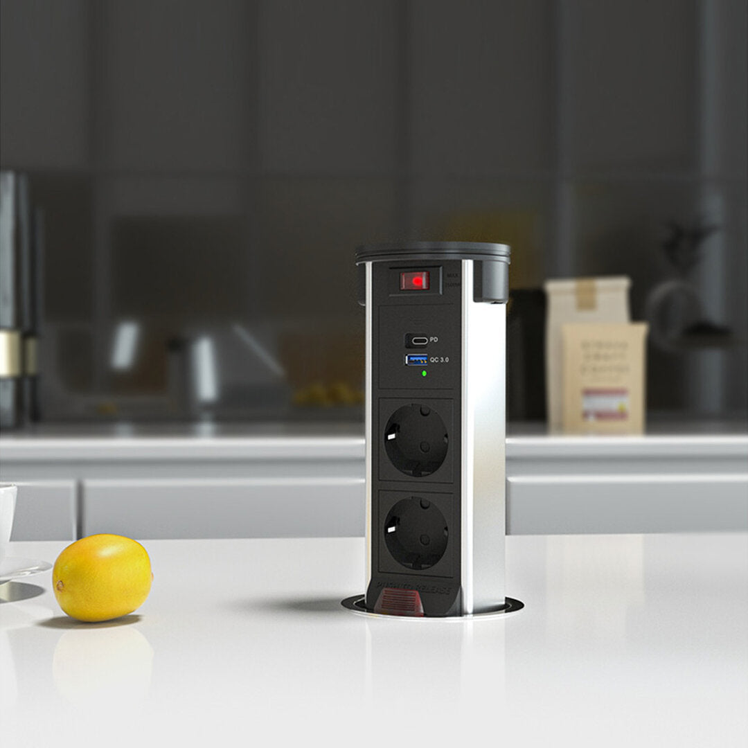 Versenkbare Tischsteckdose mit Induktionsladefläche, 2 Steckdosen & USB-A/USB-C, IP42 - Livolo-Deutschland