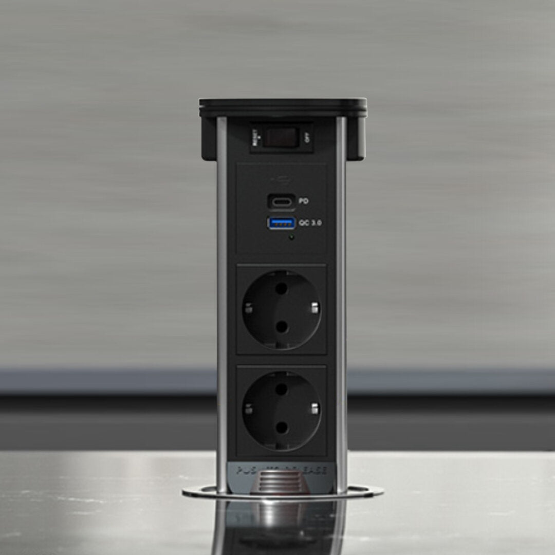 Versenkbare Tischsteckdose mit Induktionsladefläche, 2 Steckdosen & USB-A/USB-C, IP42 - Livolo-Deutschland