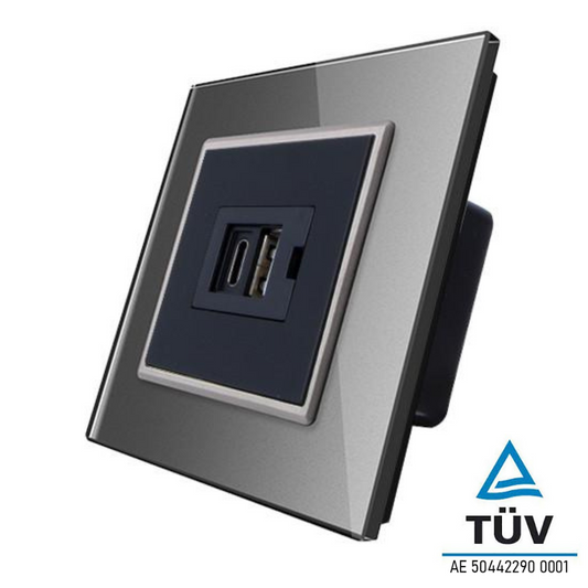 Livolo USB-Modul inkl. USB-C und USB-A mit Glasblende in Grau/ Schwarz