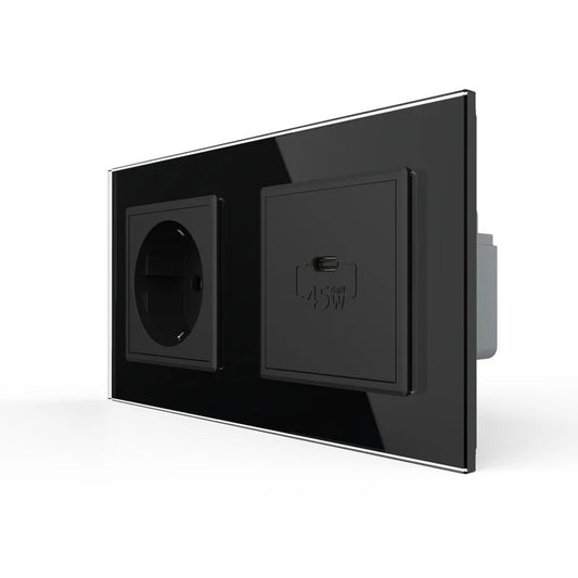 Livolo USB-C 45W Schnellladegerät + Steckdose inkl. Glasrahmen Schwarz
