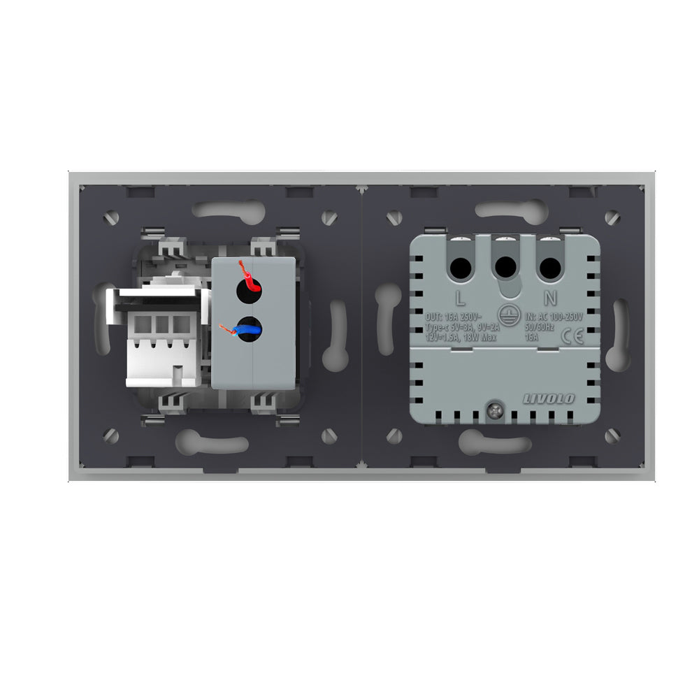 Livolo Steckdose mit USB C + Telefon mit USB A inkl. Glasrahmen Grau
