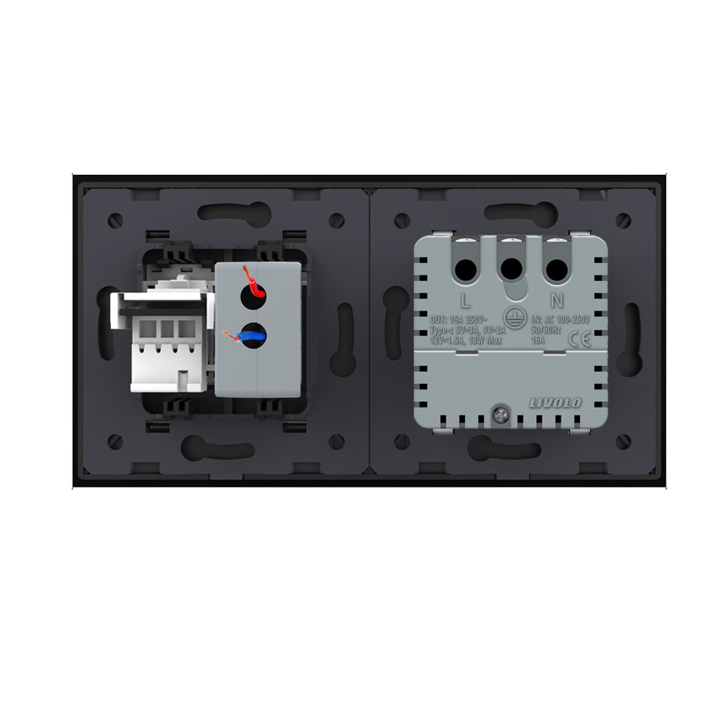 Livolo Steckdose mit USB C + Telefon m. USB A inkl. Glasrahmen Schwarz