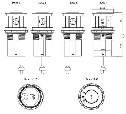 WLAN-Tischsteckdose Versenkbar Steckdosenleiste mit USB und Beleuchtug