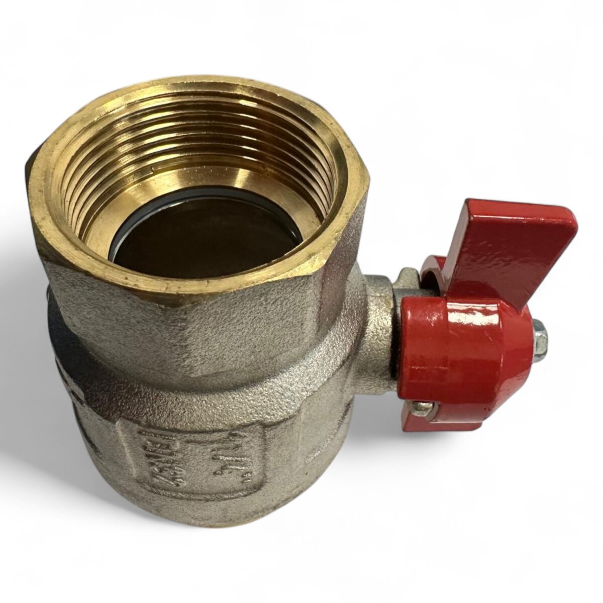 Kugelhahn aus vernickeltem Messing – 1 1/4" IG x 1 1/4" AG, roter Flügelgriff