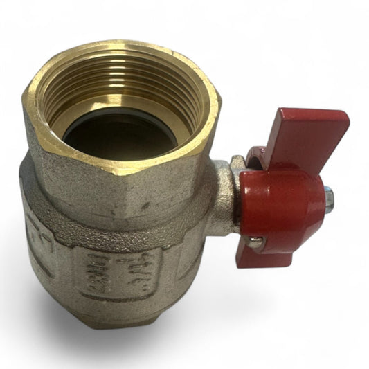 Kugelhahn aus vernickeltem Messing – 1 1/4" IG x 1 1/4" IG, roter Flügelgriff