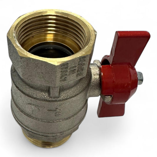 Kugelhahn aus vernickeltem Messing – 1" IG x 1" AG, roter Flügelgriff