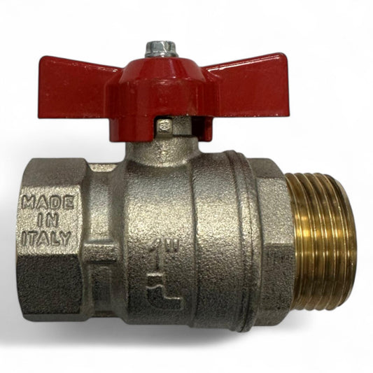 Kugelhahn aus vernickeltem Messing – 1" IG x 1" AG, roter Flügelgriff