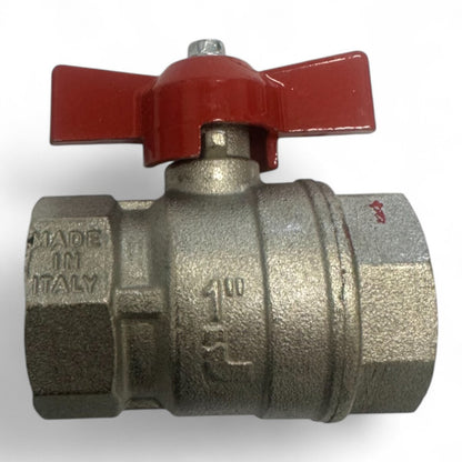Kugelhahn aus vernickeltem Messing – 1" IG x 1" IG, roter Flügelgriff