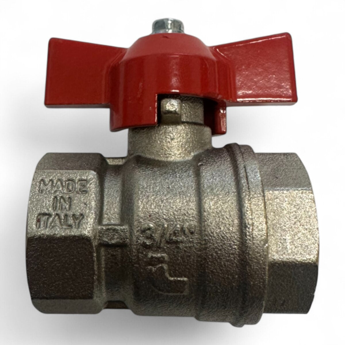 Kugelhahn aus vernickeltem Messing – 3/4" IG x 3/4" IG, roter Flügelgriff